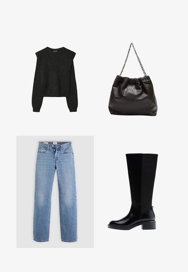 Mustat pitkätuuliseset neulepaidat, joissa on toppaukset harteilla sekä ribbaus hihansuissa ja helmassa, esitetty valkoista taustaa vasten.; Vaaleansiniset farkut, joissa on suora lahkeiden muotoilu, metallinen nappikiinnitys, etupockets ja hienovaraisia haalistumismerkkejä kauttaaltaan.; Musta polven korkeudelle ulottuva saapas, jossa on sileä nahkapinta, näkyvät saumat, mahtava korko ja teksturoitu takapaneeli lisäyksinä.; Ruskea nahkainen laukku, jossa on kerätty yläosa ja ketjuhihna. Tasainen pinta, jossa kiiltävä viimeistely ja hienovaraiset sauman yksityiskohdat sivuilla.