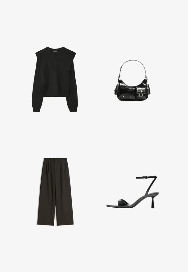 Černý pletený svetr s dlouhými rukávy, vycpanými ramenními částmi a ribbovanými manžetami a lemem, zobrazený na bílém pozadí.; Krajkové kalhoty v tmavě šedé tkanině s texturovaným povrchem, s předními skladbami a bočními kapsami, navržené pro volný střih.; Bershka Sandály na vysokém podpatku - black; Černá lakovaná kožená kabelka s křivkovým tvarem, jedním ramenním popruhem, předními kapsami a stříbrnými kovovými detaily.