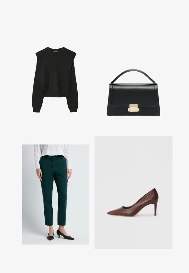 Zwart gebreid trui met lange mouwen, voorzien van gewatteerde schouders en geribbelde manchetten en onderrand, weergegeven tegen een witte achtergrond.; Groene op maat gemaakte broek met een gladde textuur, voorzien van een taille met een middenhoogte en een strak ontwerp. Gecombineerd met zwart, puntige hakken.; Bruin leren puntige hoge hak schoen met een slank ontwerp en een gematigde stilettohak, met een gladde textuur en minimale accenten.; Zwarte lederen handtas met een gestructureerd ontwerp, bovenhandgreep en een gouden metalen sluitingdetails aan de voorkant. Gladde textuur, minimale stiksels.