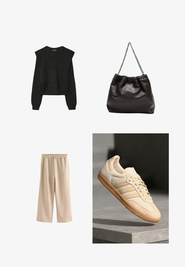 Mustat pitkätuuliseset neulepaidat, joissa on toppaukset harteilla sekä ribbaus hihansuissa ja helmassa, esitetty valkoista taustaa vasten.; Kermanväriset leveälahkeiset housut, jotka on valmistettu pehmeästä puuvillasekoitekankaasta. Niissä on joustava vyötärö, jossa on naru ja hienovarainen täpläkuvio.; Vaalea beige mokkanahkakenkä, jossa on kumipohja, kolme vinoraitaa ja struktuuroitu varvaskappale. Varustettu logolla kielellä ja sivussa.; Ruskea nahkainen laukku, jossa on kerätty yläosa ja ketjuhihna. Tasainen pinta, jossa kiiltävä viimeistely ja hienovaraiset sauman yksityiskohdat sivuilla.