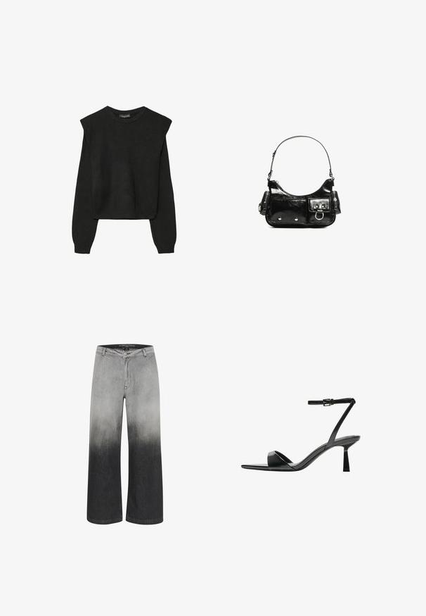 Crna pletena dugoslojna majica sa podloženim ramenima i rebrastim manžetama i rubom, prikazana na bijeloj pozadini.; Široke traperice u gradijentu sive boje, prelazeći iz svijetle u tamnu. Izrađene od denima, s kopčanjem na dugme i tradicionalnim dizajnom s 5 džepova.; Bershka Sandale s visokom petom - black; Crna patentna kožna torba s zakrivljenim oblikom, jednim remenom za rame, prednjim džepovima i akcentima od srebrnog tona.
