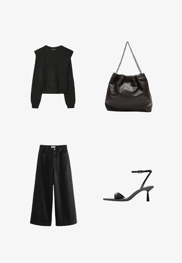 Svart långärmad stickad tröja med vadderade axlar och ribbade muddar och fåll, visad mot en vit bakgrund.; Svarta vida jeans i denim, med hög midja, fem fickor och en ren finish. Tyget har en slät textur, med minimala detaljer.; Bershka Sandaletter - black; Brun läderväska med rynkad topp och kedjesnodd. Slät textur med en blankslipad yta och subtila sömdetaljer på sidorna.