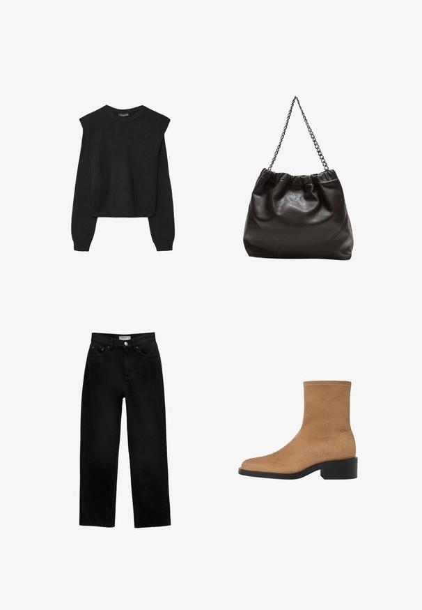 Crna pletena dugoslojna majica sa podloženim ramenima i rebrastim manžetama i rubom, prikazana na bijeloj pozadini.; Crne traperice od denima ravnog kroja s dizajnom od pet džepova, metalnim gumbom i petljama za remen. Tkanina ima mat teksturu i nema vidljivih uzoraka.; Smeđi nubuk gležnjači s kvadratnim vrhom, niskim blok potplatom i bešavnim dizajnom. Ima suptilne šavove duž rubova.; Smeđa kožna torba s naboranim vrhom i lančićem za nošenje. Glatka tekstura s sjajnim završetkom i suptilnim šavnim detaljima sa strane.