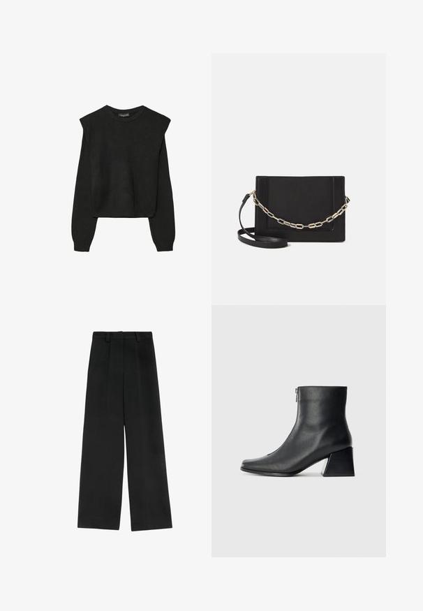 Schwarzer, langärmeliger, gestrickter Pullover mit gepolsterten Schultern sowie gerippten Bündchen und Saum, dargestellt vor einem weißen Hintergrund.; Schwarze weit geschnittene Hose mit hoher Taille, versehen mit zwei vorderen Falten, Gürtelschlaufen und einer glatten Textur. Keine Taschen oder sichtbaren Beschläge.; Schwarze Lederstiefelette mit quadrater Zehenform, seitlichem Reißverschluss und Blockabsatz vor einem schlichten hellen Hintergrund.; Schwarze Leder-Crossbody-Tasche mit glatter Textur, rechteckiger Form und metallic-kettendetail auf der Vorderseite. Verstellbarer Gurt inklusive.