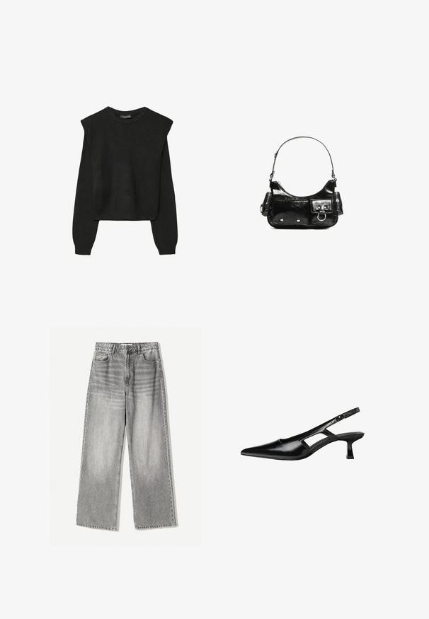 Černý pletený svetr s dlouhými rukávy, vycpanými ramenními částmi a ribbovanými manžetami a lemem, zobrazený na bílém pozadí.; Džínsy s širokými nohavicemi v zesvětleném černém denimu s vysokým pasem, které mají pět kapsový design a kontrastní švy pro texturu.; Černé lakované lodičky na podpatku se špičatou špičkou, výřezovým designem na boku a malým čtvercovým podpatkem. Hladká textura s minimálními akcenty.; Černá lakovaná kožená kabelka s křivkovým tvarem, jedním ramenním popruhem, předními kapsami a stříbrnými kovovými detaily.