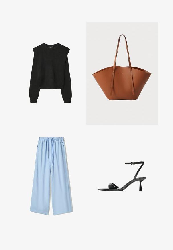 Svart långärmad stickad tröja med vadderade axlar och ribbade muddar och fåll, visad mot en vit bakgrund.; Ljusblå vida byxor i mjukt tyg, med elastisk midja och dragsko samt två sidofickor.; Bershka Sandaletter - black; Brun läder tote-väska med en bred, strukturerad form, tunna handtag och en texturerad yta. Den har en minimalistisk design utan synlig hårdvara.