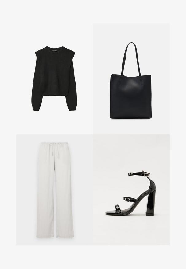 Sort striktrøje med lange ærmer, polstrede skuldre og ribkantede manchetter og kant, vist mod en hvid baggrund.; Lysegrå vide benbukser lavet af blødt materiale, med elastisk talje og snor, samt to sidelommer.; Sorte laklædersandaler med høje hæle, to spænderemme, firkantet tå og en kraftig blokhæl, der har en glat, blank overflade.; Sort læder tote taske med glat tekstur, rektangulær form og to lange hanke. Ingen synlig hardware eller udsmykninger.