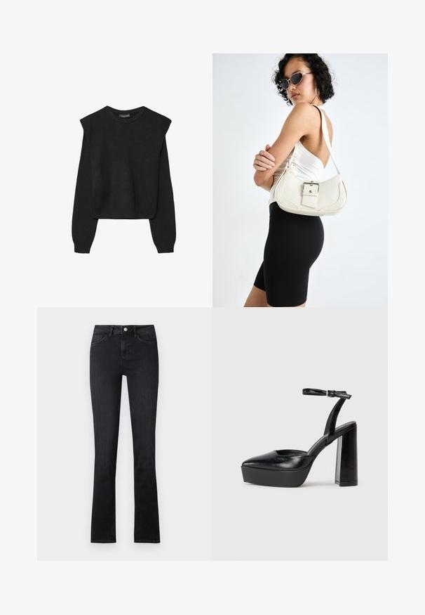 Črn dolgi pulover iz pletenine z oblazinjenimi rameni ter rebrastimi manšetami in robom, prikazan na beli podlagi.; Črne denim flare kavbojke s srednje visokim pasom, dvema sprednjima žepoma in zadrgo. Gladka tekstura s subtilnimi šivi.; Črne platforme z visokimi petami in koničastim nosom ter nastavljivim gležnjenjskim trakom. Narejene iz gladke usnje, s kockasto peto.; Bela usnjena torbica s ukrivljeno obliko, nastavljivim trakom in majhnim detajlom s sponko. Model nosi oprijet črno obleko.