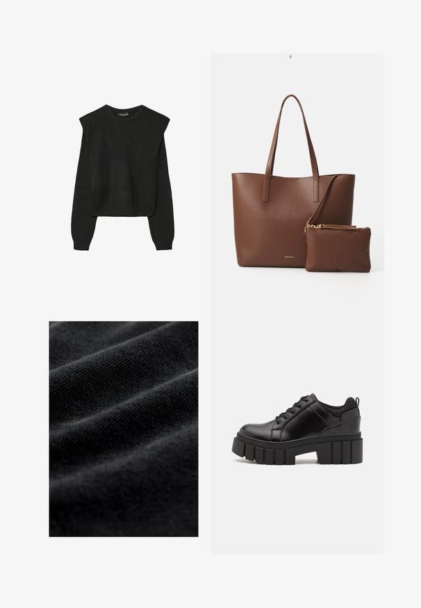 Čierny pletený sveter s dlhými rukávmi, vycpanými ramenami a rebrovanými nápletmi a spodným okrajom, zobrazený na bielom pozadí.; Čierna tkanina s hladkou, mäkkou textúrou, s jemnými horizontálnymi záhybmi a jednotným vzorom tkania. Žiadne viditeľné vzory alebo akcenty.; Čierne kožené platformy s masívnym blokovým podpätkom, okrúhlou špičkou a tradičným šnurovaním. Má hladký povrch a minimálne detaily.; Hnedá taška z umelej kože s dvoma dlhými uchami a zodpovedajúcou malou taštičkou. Povrch má textúrovaný vzor a akcenty zlatého kovania.