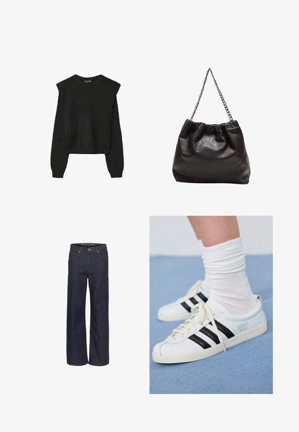 Crna pletena dugoslojna majica sa podloženim ramenima i rebrastim manžetama i rubom, prikazana na bijeloj pozadini.; Tamne široke traperice tamne boje s visokim strukom, koje imaju pet džepova, kontrastne šavove i sirovi rub na dnu.; Bijele kožne tenisice s crnim prugama, kremasto bijela potplat i svijetle vezice. Nosi se s bijelim rebrastim čarapama, postavljeno na plavoj pozadini.; Smeđa kožna torba s naboranim vrhom i lančićem za nošenje. Glatka tekstura s sjajnim završetkom i suptilnim šavnim detaljima sa strane.