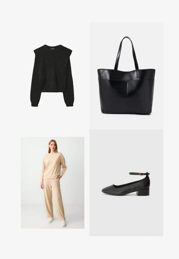 Czarny, długi sweter z dzianiny z poduszkami na ramionach oraz prążkowanymi mankietami i dołem, pokazany na białym tle.; Beżowy sweter i pasujące szerokie spodnie, wykonane z miękkiego materiału. Posiada okrągły dekolt, opuszczone ramiona i boczne kieszenie.; Czarne skórzane szpilki z ostrym noskiem i niskim słupkowym obcasem. Wyposażone w pasek na kostkę z złotym zapięciem. Gładka tekstura.; Czarna skórzana torba na ramię z dwoma długimi uchwytami, gładką teksturą i sztywną formą. Posiada przednią kieszeń dla dodatkowego przechowywania.