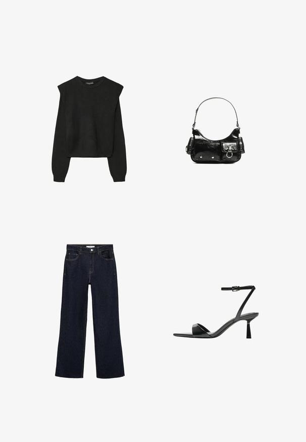 Crna pletena dugoslojna majica sa podloženim ramenima i rebrastim manžetama i rubom, prikazana na bijeloj pozadini.; Tamne traperice od tamnog denima s širokim nogavicama, s srednjim strukom, prednjim i stražnjim džepovima, te kontrastnim šavovima. Neobrađeni rub.; Bershka Sandale s visokom petom - black; Crna patentna kožna torba s zakrivljenim oblikom, jednim remenom za rame, prednjim džepovima i akcentima od srebrnog tona.