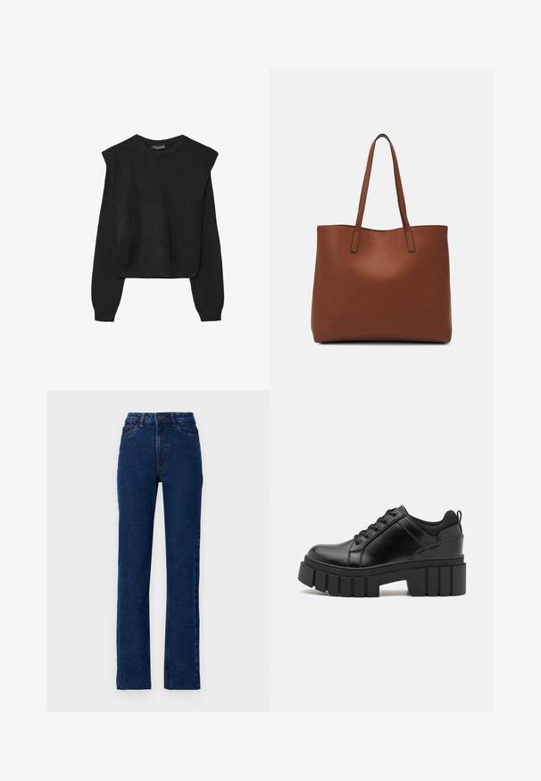 Črn dolgi pulover iz pletenine z oblazinjenimi rameni ter rebrastimi manšetami in robom, prikazan na beli podlagi.; Visoko pasowane temno modre kavbojke z ravno nogavico, pet žepi in kontrastnim šivanjem ob šivih.; Črne usnjene platforme z debelim blokastim petam, okroglo konico in klasičnim vezanjem. Imajo gladko teksturo in minimalne podrobnosti.; Rjava usnjena torba z gladko teksturo, odprto zasnovo zgoraj in dvema naramnima trakovoma. Opremljena je z minimalnim šivanjem in brez vidnih kovinskih delov.