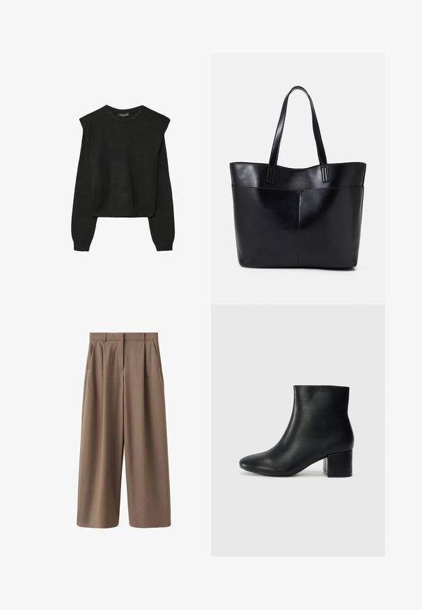 Černý pletený svetr s dlouhými rukávy, vycpanými ramenními částmi a ribbovanými manžetami a lemem, zobrazený na bílém pozadí.; Hnědé kalhoty s širokými nohavicemi, hladkým povrchem, předními záhyby a vysokým pasem. Mají ušitý design a boční kapsy.; Černé kožené kotníkové boty s špičatou špičkou a robustním podpatkem. Hladký povrch s minimálními akcenty a elegantním, přiléhavým designem.; Černá kožená taška s dlouhými ušima, hladkým povrchem a strukturovaným tvarem. Obsahuje přední kapsu pro další úložný prostor.