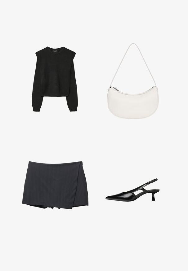 Schwarzer, langärmeliger, gestrickter Pullover mit gepolsterten Schultern sowie gerippten Bündchen und Saum, dargestellt vor einem weißen Hintergrund.; Schwarzer, gestreifter Minirock mit Wickeldesign, aus glattem Stoff gefertigt. Verfügt über einen sauberen Abschluss und keine sichtbaren Verschlüsse.; Schwarze Lackleder-Slingback-High Heels mit spitzer Zehenform, ausgeschnittenem Seitendesign und kleinem Blockabsatz. Glatte Textur mit minimalen Akzenten.; PULL&BEAR HALF MOON  - Handtasche - white