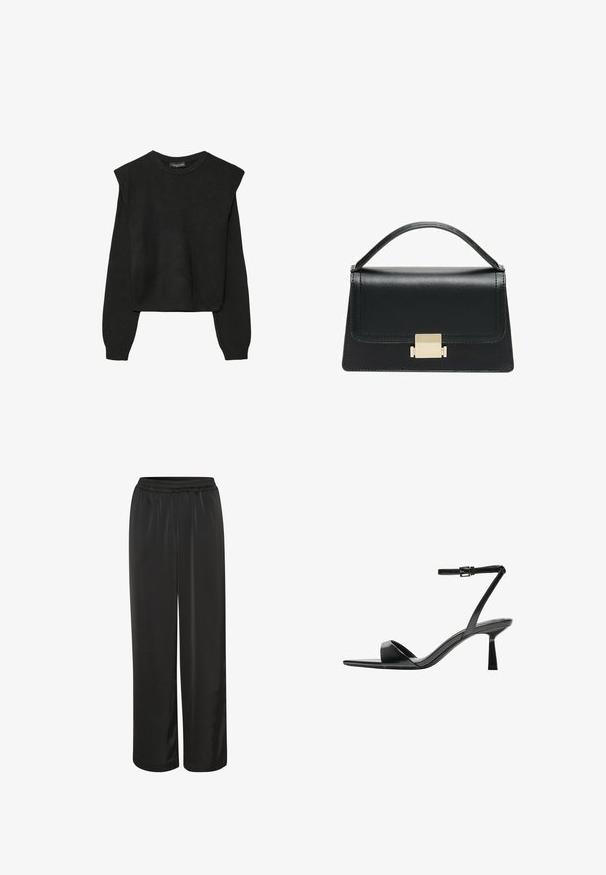 Černý pletený svetr s dlouhými rukávy, vycpanými ramenními částmi a ribbovanými manžetami a lemem, zobrazený na bílém pozadí.; Černé saténové kalhoty s širokým střihem, elastickým pasem a hladkým povrchem. Jsou do kotníků a nemají žádné další ozdoby.; Bershka Sandály na vysokém podpatku - black; Černá kožená kabelka se strukturovaným designem, horním uchopením a zlatým kovovým zapínáním na přední straně. Hladký povrch, minimální švy.