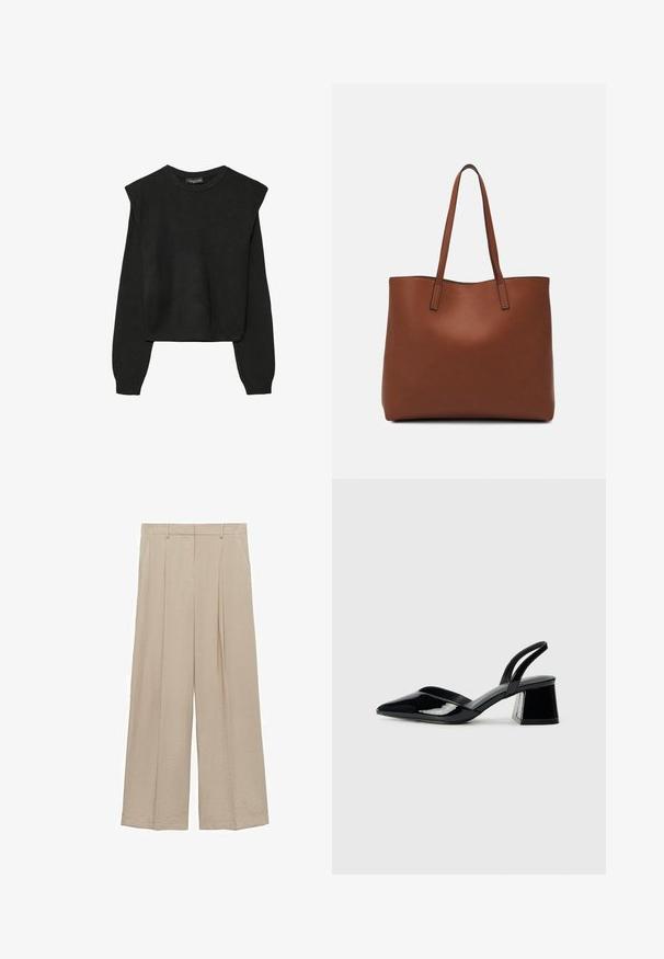 Čierny pletený sveter s dlhými rukávmi, vycpanými ramenami a rebrovanými nápletmi a spodným okrajom, zobrazený na bielom pozadí.; Bežové široké nohavice vyrobené z ľahkého materiálu s hladkou textúrou, prednými skladmi a vysokým pásom s pútkami na opasok.; Čierne lakované kožené sandálové podpätky s špicatou špičkou a geometrickým blokovým podpätkom. Disponujú elegantným, minimalistickým dizajnom a hladkým povrchom.; Hnedá kožená taška na rameno s hladkou textúrou, otvoreným vrchom a dvoma ramenými popruhmi. Má minimálne šitia a žiadne viditeľné kovania.