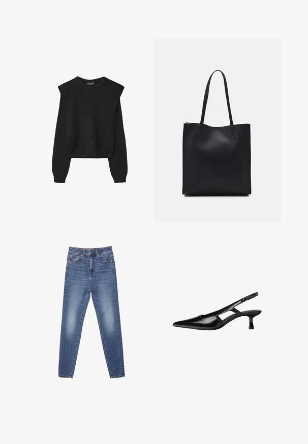 Crna pletena dugoslojna majica sa podloženim ramenima i rebrastim manžetama i rubom, prikazana na bijeloj pozadini.; Plave traperice s ravnim nogavicama, pet džepova i vidljivim šavovima. Tkanina ima izblijedjeli izgled s glatkom površinom.; Crne lakirane natikače na remenčić sa špicastim nosom, dizajnom sa izrezima sa strane i malim kvadratnim potplatom. Glatka tekstura s minimalnim akcentima.; Crna kožna torba za nošenje s glatkom teksturom, pravokutnim oblikom i dvije duge ručke. Nema vidljivih metalnih dijelova ili ukrasa.