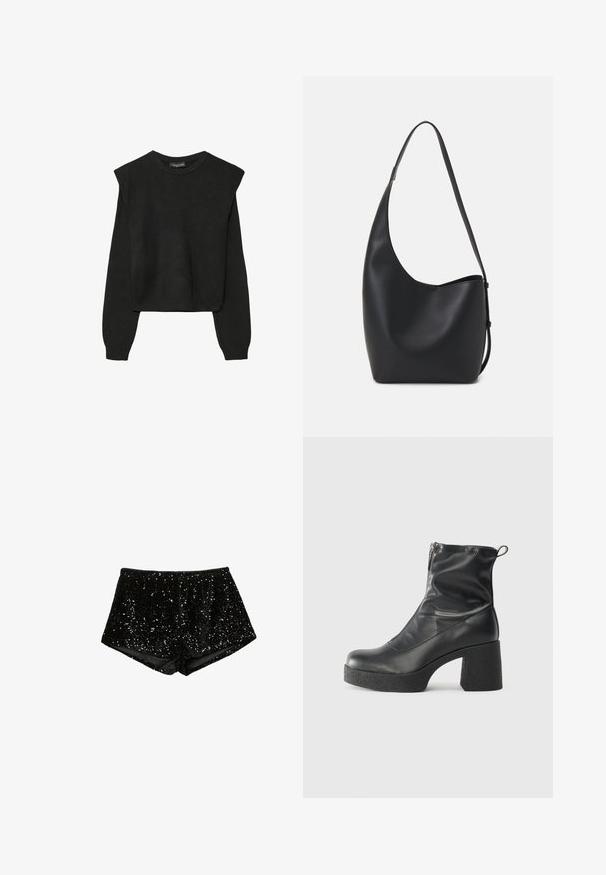 Schwarzer, langärmeliger, gestrickter Pullover mit gepolsterten Schultern sowie gerippten Bündchen und Saum, dargestellt vor einem weißen Hintergrund.; Schwarze Pailletten-Shorts mit einem enganliegenden, strukturierten Design. Der Stoff weist schimmernde Pailletten auf, die in einem dekorativen Muster angeordnet sind.; Schwarze Stiefeletten aus glattem Leder mit seitlichem Reißverschluss, klobigem strukturiertem Absatz und runder Zehenform.; Schwarze Leder-Hobo-Tasche mit einer glatten Textur, geschwungener Form und einem einzelnen verstellbaren Tragegurt; verfügt über eine weite Öffnung am oberen Ende.