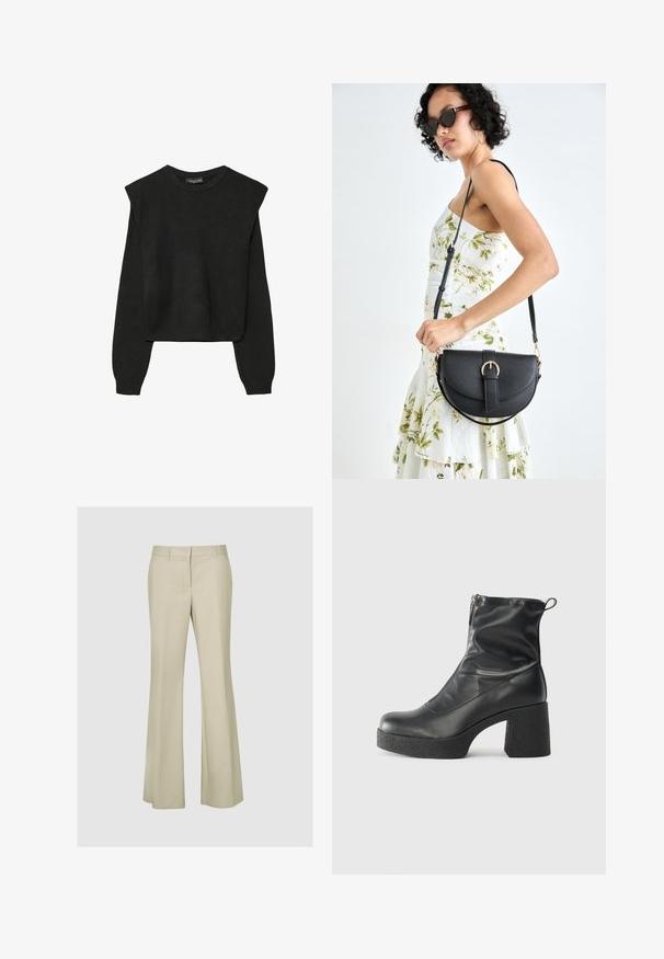 Black long-sleeve knitted sweater with padded shoulders and ribbed cuffs and hem, shown against a white background.; Beige flared pants in a smooth fabric, featuring a mid-rise waist, seam detailing, and no visible hardware or patterns.; Black ankle boots made of smooth leather, featuring a side zipper, chunky textured heel, and rounded toe design.; Black leather handbag with a curved shape, detachable strap, and gold hardware. The bag features a flap with a buckle detail.
