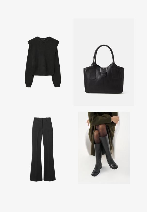 Čierny pletený sveter s dlhými rukávmi, vycpanými ramenami a rebrovanými nápletmi a spodným okrajom, zobrazený na bielom pozadí.; Čierne rozšírené nohavice vyrobené z hladkého materiálu. Obsahujú dve vrecká na zadnej strane a pútka na opasok, s širokým strihom, ktorý sa smerom k pásu zužuje.; Čierne kožené čižmy po kolená so štvrtým prstom a blokovým opätkom, zobrazené s modelom sediacim v olivovo zelenej bunde. Hladká textúra, minimálne detaily.; Čierna kožená taška s hladkou textúrou, štruktúrovaným tvarom, dvoma uchami a výrazným strieborným prackovým detailom na prednej strane.