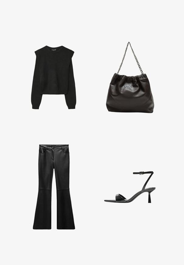 Mustat pitkätuuliseset neulepaidat, joissa on toppaukset harteilla sekä ribbaus hihansuissa ja helmassa, esitetty valkoista taustaa vasten.; Mustat keinonahkaiset leveälahkeiset housut, joissa on sileä pinta, korkea vyötärö, etutaskut ja vetoketjuluukku. Housuissa on saumatikkaus yksityiskohtina jaloissa.; Bershka Korolliset sandaalit - black; Ruskea nahkainen laukku, jossa on kerätty yläosa ja ketjuhihna. Tasainen pinta, jossa kiiltävä viimeistely ja hienovaraiset sauman yksityiskohdat sivuilla.