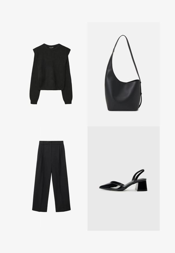 Čierny pletený sveter s dlhými rukávmi, vycpanými ramenami a rebrovanými nápletmi a spodným okrajom, zobrazený na bielom pozadí.; Čierne nohavice s širokými nohavicami z hladkého materiálu, s vysokým pásom, skladaním a upraveným strihom, ktorý zabezpečuje štruktúrované nosenie.; Čierne lakované kožené sandálové podpätky s špicatou špičkou a geometrickým blokovým podpätkom. Disponujú elegantným, minimalistickým dizajnom a hladkým povrchom.; Čierna kožená hobo taška so hladkou textúrou, zakriveným tvarom a jedným nastaviteľným popruhom; má široké otvorenie na vrchu.