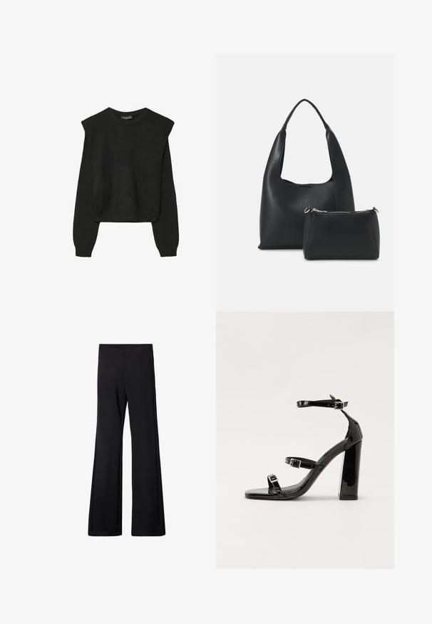 Černý pletený svetr s dlouhými rukávy, vycpanými ramenními částmi a ribbovanými manžetami a lemem, zobrazený na bílém pozadí.; Černé rozšířené kalhoty s elastickým pasem, vyrobené z měkké, elastické tkaniny, s hladkým povrchem a bez viditelných vzorů či kovových doplňků.; Černé lakované sandály na podpatku se čtveratou špičkou, lýtkovými pásky a stříbrnými přezkami. Disponují masivním blokovým podpatkem pro stabilitu.; Even&Odd Kabelka - black