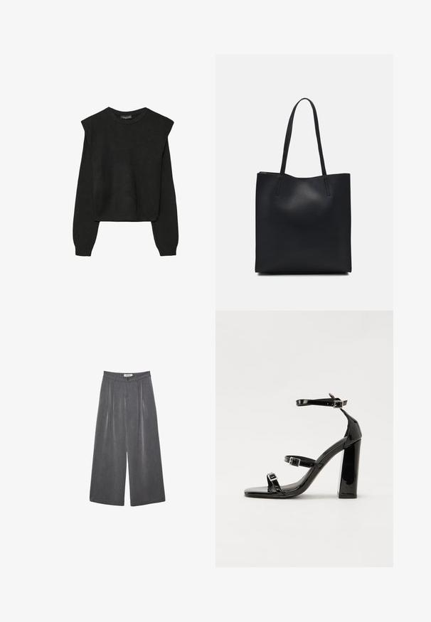 Mustat pitkätuuliseset neulepaidat, joissa on toppaukset harteilla sekä ribbaus hihansuissa ja helmassa, esitetty valkoista taustaa vasten.; Pleated leveleijoushousut tummanharmaasta kankaasta, jossa on hieno rakenne. Ominaisuuksina napin suljenta ja klassinen vyötärönauhan muotoilu.; Musta kiiltävä korkokenkä sandaalit neliönmuotoisella varpaalla, nilkkaremmillä ja hopeisilla soljilla. Varustettu tukevalla lohkokorkealla vakauden takaamiseksi.; Mustapahkainen kangaskassi, jossa on sileä pinta, suorakaiteen muotoinen ja kaksi pitkää kahvaa. Ei näkyvää metalliosaa tai koristeita.