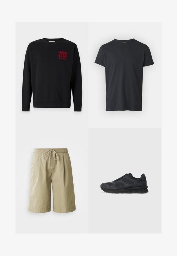 Svart hettegenser med lange ermer, rund halsdesign, ribbede mansjetter og hem. Har rødt logotekst på brystet. Laget av mykt stoff.; Svart T-skjorte med korte ermer laget av bomull, med rund hals og rett snitt. Glatt tekstur uten synlige mønstre eller logoer.; Beige bomullsshorts med elastisk midje og snøring. Har sidelommer og en avslappet, rett snitt.; Replay ARTHUR ATOM - Joggesko - black