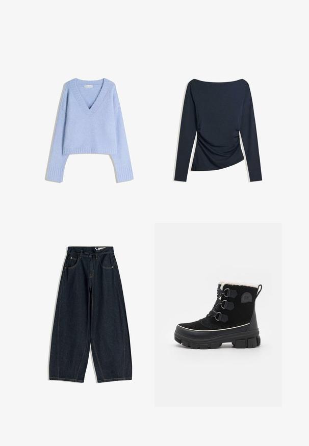 Svjetloplava, skraćena V-izrezani pulover napravljen od mekanog materijala. Ima rebrasti rub i manžetne, duge rukave i opušteni kroj.; Tamno plava majica dugih rukava s resicom na bočnoj strani i širokim izrezom, položena ravno na bijeloj podlozi.; Tamne tamne hlače širokog kroja od tamnog traper materijala s elastičnim pojasom, pet džepova i kontrastnim šavovima. Glatka tekstura i opušteni stil.; Crne vodootporne čizmice s gornjim dijelom od antilopa, podstavom od lažne krzna, sustavom s vezicama na tri rupice, debelim gumenim potplatom i kontrastnim bijelim rubom.