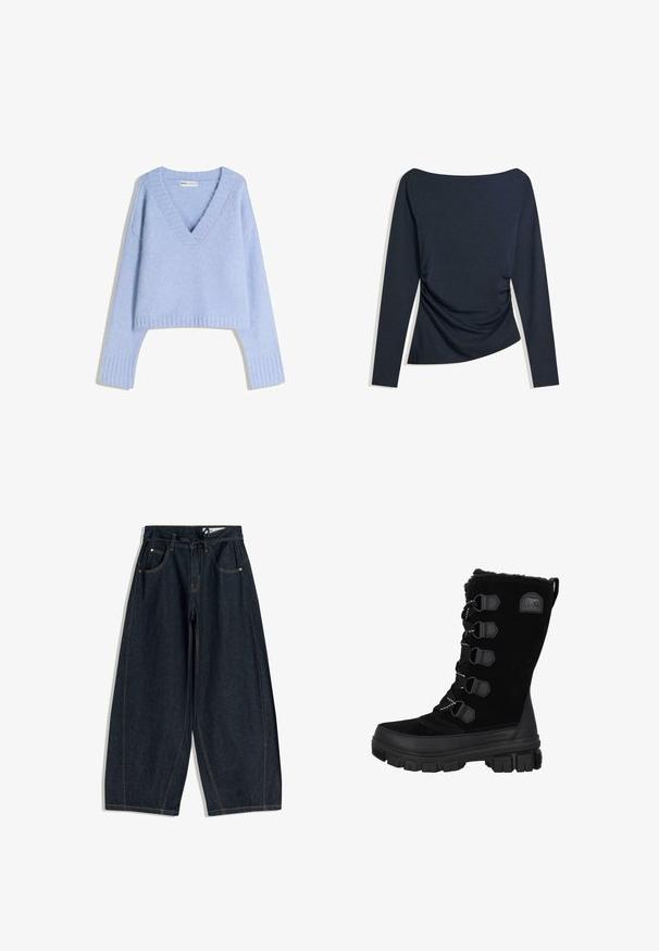 Pulover scurt de culoare albastru deschis, cu decolteu în V, realizat dintr-o textura moale. Dispune de margini și manșete ribbate, mâneci lungi și o croială lejeră.; Top lung cu mânecă lungă, de culoare albastru marin, cu decolteu tip bateau și detaliu plisat pe lateral, întins pe un fundal alb.; Pantaloni largi din denim închis cu talie reglabilă, cinci buzunare și cusături contrastante. Textură netedă și design cu croială lejeră.; Cizme de iarnă impermeabile negre cu un strat superior din velur, guler din blană și talpă din cauciuc. Prezintă un design cu șireturi cu ochiuri hexagonale și etichetă cu logo.