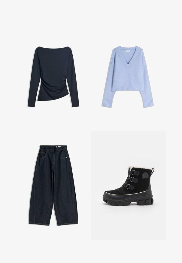 Vaaleansininen, lyhennetty V-kaula-aukko neulepaita, joka on valmistettu pehmeästä materiaalista. Ominaisuuksiin kuuluu ribbireunus helmassa ja hihoissa, pitkät hihat ja rento istuvuus.; Tummansininen pitkähihaisneule, jossa on venepääntie ja rypytys sivussa, aseteltuna litteäksi valkoisen taustan päälle.; Tumman denimin leveälahkeiset housut, joissa on naru vyötäröllä, viisi taskua ja kontrastiväriset ompeleet. Sileä pinta ja löysä istuvuus.; Mustat vedenpitävät saappaat, joissa on mokkanahkainen päällinen, tekoturkista vuoraus, kolme silmukkaa nauhoitusta varten, paksu kumipohja ja kontrastoiva valkoinen reunus.