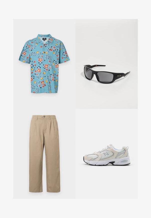 Suéter tricotado em preto e branco com padrões abstratos em zigzag e geométricos, gola redonda, mangas longas e punhos e barra canelados.; Camisa de manga curta azul-clara com um padrão floral em vermelho, amarelo e azul escuro, apresentando um colarinho clássico e fecho de botões.; Calças bege de cintura alta com pregas, passadores de cinto, fecho de botão e pernas retas em fundo branco.; Sapatilha desportiva com cabedal em malha cinza claro e pormenores em camurça, atacadores brancos e sola de borracha preta. Detalhe notável de amortecimento ABZORB.; Óculos de sol pretos com forma retangular, feitos de plástico durável, com lentes cinzas e um detalhe dourado na lateral.