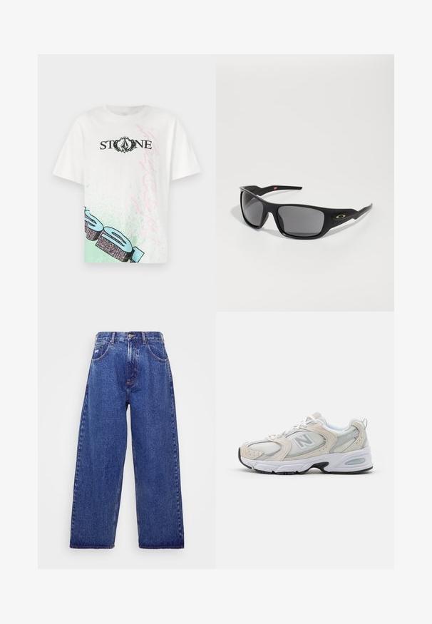 Sort og hvid strikket sweater med abstrakte zigzag- og geometriske mønstre, rund hals, lange ærmer samt ribbede manchetter og kant.; Hvid bomulds t-shirt med "STONE" i sort, med grønne og pink grafiske accenter på fronten og en afslappet pasform. Korte ærmer.; Bredde ben, blå denim jeans med høj talje, der har fem lommer, knaplukning og subtile blødgøringer for tekstur.; Sportssko med en lys grå mesh-overdel og ruskindsdetaljer, hvide snørebånd og en sort gummisål. Bemærkelsesværdig ABZORB dæmpning.; Sorte solbriller med rektangulær form, lavet af holdbart plastik, med gråtonede linser og en guldfarvet detalje på siden.