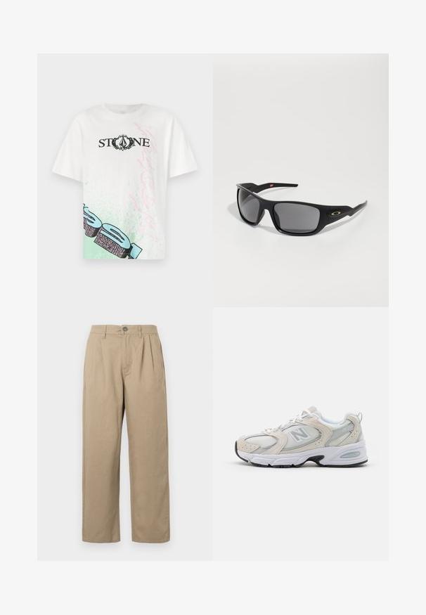 Suéter tricotado em preto e branco com padrões abstratos em zigzag e geométricos, gola redonda, mangas longas e punhos e barra canelados.; T-shirt de algodão branco com "STONE" em preto, com destaques gráficos em verde e rosa na parte da frente e um corte solto. Manga curta.; Calças bege de cintura alta com pregas, passadores de cinto, fecho de botão e pernas retas em fundo branco.; Sapatilha desportiva com cabedal em malha cinza claro e pormenores em camurça, atacadores brancos e sola de borracha preta. Detalhe notável de amortecimento ABZORB.; Óculos de sol pretos com forma retangular, feitos de plástico durável, com lentes cinzas e um detalhe dourado na lateral.