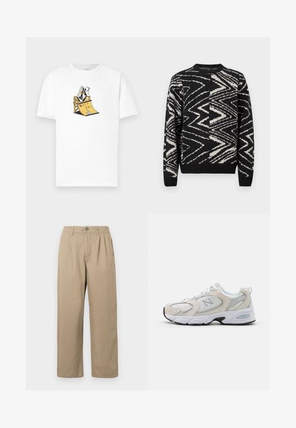 Crna i bijela pletena dukserica s apstraktnim cik-cak i geometrijskim uzorcima, okrugli izrez, duge rukave te rebrasti rubovi i donji rub.; Bijela pamučna majica s grafičkom ilustracijom skate rampe s karakterom u odijelu, obrubljena crnim i žutim detaljima.; Bež hlače visokog struka sa plisama, petljama za remen, zatvaranjem na dugme i ravnim nogavicama na bijeloj pozadini.; Atletska obuća s gornjim dijelom od svijetlosivog mrežastog materijala s nijansama antilopa, bijelim vezicama i crnom gumenom potplatom. Značajna ABZORB amortizacija.