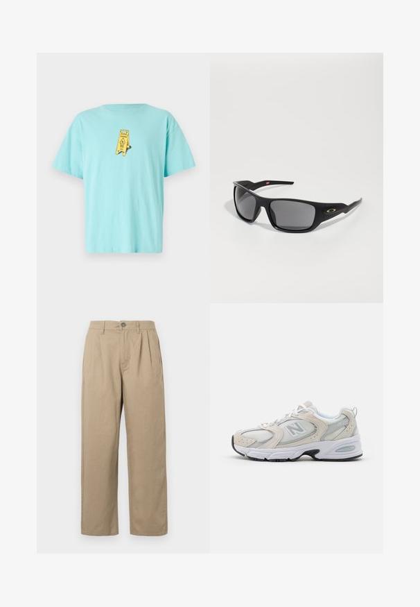 Suéter tricotado em preto e branco com padrões abstratos em zigzag e geométricos, gola redonda, mangas longas e punhos e barra canelados.; T-shirt de algodão azul claro com um gráfico de sinal amarelo de "Cuidado" na parte da frente. Corte descontraído com mangas curtas e gola redonda.; Calças bege de cintura alta com pregas, passadores de cinto, fecho de botão e pernas retas em fundo branco.; Sapatilha desportiva com cabedal em malha cinza claro e pormenores em camurça, atacadores brancos e sola de borracha preta. Detalhe notável de amortecimento ABZORB.; Óculos de sol pretos com forma retangular, feitos de plástico durável, com lentes cinzas e um detalhe dourado na lateral.