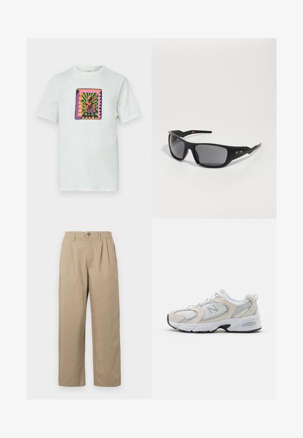 Sort og hvid strikket sweater med abstrakte zigzag- og geometriske mønstre, rund hals, lange ærmer samt ribbede manchetter og kant.; Hvid bomulds t-shirt med et firkantet, farverigt grafik design med en frø og tekst, sat mod en geometrisk baggrund og med accentuerede kanter.; Beige høj talje bukser med folder, bæltestropper, knaplukning og lige ben på en hvid baggrund.; Sportssko med en lys grå mesh-overdel og ruskindsdetaljer, hvide snørebånd og en sort gummisål. Bemærkelsesværdig ABZORB dæmpning.; Sorte solbriller med rektangulær form, lavet af holdbart plastik, med gråtonede linser og en guldfarvet detalje på siden.