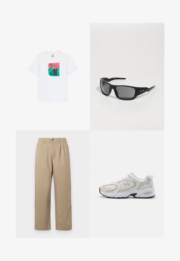 Suéter tricotado em preto e branco com padrões abstratos em zigzag e geométricos, gola redonda, mangas longas e punhos e barra canelados.; T-shirt de algodão branca com um desenho colorido e abstrato de um sol e uma figura sobre um fundo verde, emoldurado por rosa. Mangas curtas.; Calças bege de cintura alta com pregas, passadores de cinto, fecho de botão e pernas retas em fundo branco.; Sapatilha desportiva com cabedal em malha cinza claro e pormenores em camurça, atacadores brancos e sola de borracha preta. Detalhe notável de amortecimento ABZORB.; Óculos de sol pretos com forma retangular, feitos de plástico durável, com lentes cinzas e um detalhe dourado na lateral.