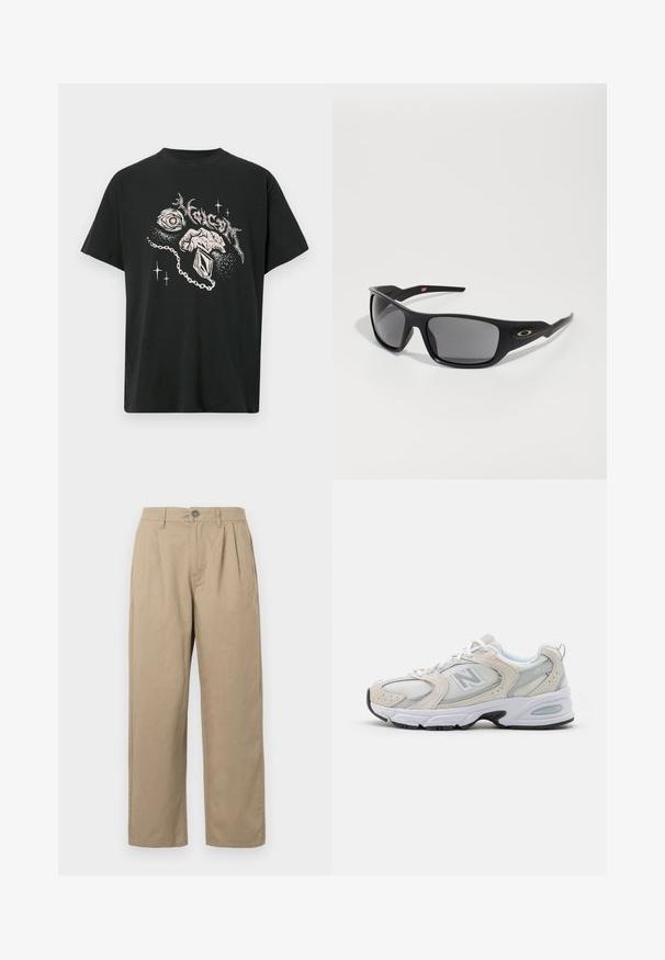 Schwarzer und weißer gestrickter Pullover mit abstrakten Zickzack- und geometrischen Mustern, Rundhalsausschnitt, langen Ärmeln sowie gerippten Bündchen und Saum.; Schwarzes T-Shirt mit weißem Grafikdesign eines Auges, einer Hand, die einen Anhänger hält, abstrakten Formen und stilisiertem Text darüber.; Beige Hochbundhose mit Falten, Gürtelschlaufen, Knopfverschluss und geraden Beinen auf einem weißen Hintergrund.; Sportlicher Schuh mit einem hellgrauen Mesh-Obermaterial und Wildlederakzenten, weißen Schnürsenkeln und einer schwarzen Gummisohle. Auffälliges ABZORB-Dämpfungselement.; Schwarze Sonnenbrille mit rechteckiger Form, aus robustem Kunststoff gefertigt, mit grauen getönten Gläsern und einem goldenen Akzent an der Seite.