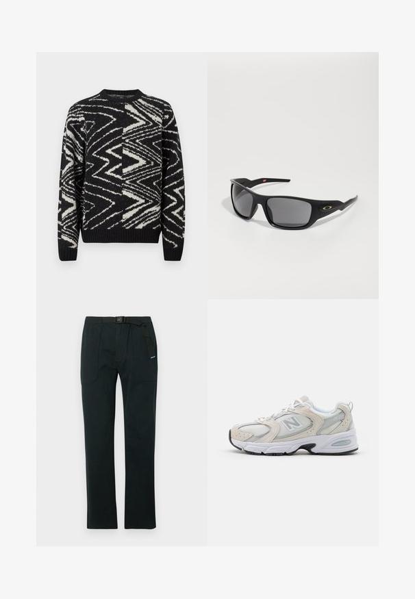 Černobílý pletený svetr s abstraktními zigzag a geometrickými vzory, kulatým výstřihem, dlouhými rukávy a žebrovanými manžetami a lemem.; Černé kalhoty vyrobené z odolné tkaniny, s rovnými nohavicemi, nastavitelným pásem a dvěma předními kapsami s křivkovými švy.; Atletická obuv s lehkým šedým síťovaným svrškem s semišovými akcenty, bílými tkaničkami a černou gumovou podrážkou. Výrazným detailem je tlumení ABZORB.; Černé sluneční brýle s obdélníkovým tvarem, vyrobené z odolného plastu, s šedými zrcadlovými skly a zlatým akcentem po straně.