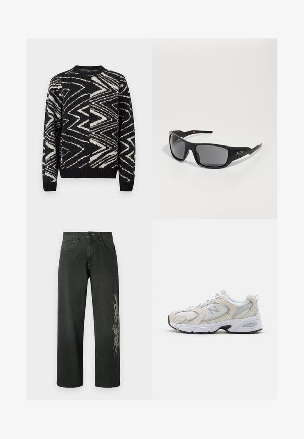 Maglione lavorato a maglia bianco e nero con motivi astratti a zig zag e geometrici, collo rotondo, maniche lunghe e polsini e orlo a coste.; Jeans neri in denim a gamba larga con un disegno grafico laterale in grigio chiaro. Modello standard con cinque tasche, chiusura a bottone e passanti per cintura.; Scarpa sportiva con tomaia in mesh grigio chiaro e accenti in suede, lacci bianchi e suola in gomma nera. Dettaglio di ammortizzazione ABZORB notevole.; Occhiali da sole neri con forma rettangolare, realizzati in plastica resistente, con lenti grigio scure e un accento dorato sul lato.