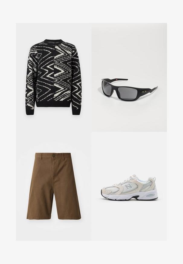 Črno-bela pletena jopica z abstraktnimi cik-cak in geometrijskimi vzorci, okroglim ovratnikom, dolgimi rokavi ter rebrastimi manšetami in robom.; Rjave bombažne kratke hlače s ravnim krojem, z zapiranjem na gumb spredaj, z zankami za pas in stranskimi žepi. Gladka tekstura in čiste šive.; Atletski čevlji z lahkotnim sivim mrežastim zgornjim delom in usnjenimi poudarki, belimi vezalkami in črnim gumijastim podplatom. Opazna podrobnost ABZORB blaženja.; Črne sončne očala pravokotne oblike, narejene iz trdne plastike, z sivo toniranimi lečami in zlatim poudarkom ob strani.