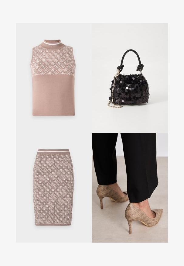Top en maille sans manches de couleur beige clair avec une section supérieure texturée et à motifs, et un col montant ajusté. Présente une partie inférieure lisse et unie.; Jupe crayon en tricot couleur marron clair avec un motif crème, dotée d'une taille côtelée avec une ligne contrastante. Texture lisse.; Chaussures à talons hauts beiges en tissu texturé avec un motif répétitif. Design à bout pointu avec un accent à l'arrière et détail de talon doré.; Mini sac à main en sequins noirs avec une bandoulière texturée nouée et une chaîne argentée. Forme arrondie avec un haut froncé et des détails réfléchissants.
