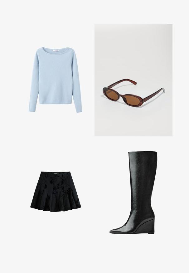 Maglione a maniche lunghe di colore blu chiaro, con scollatura rotonda ampia, stile semplice e polsini e orlo a costine.; Gonna nera plissettata con un motivo floreale, realizzata in un tessuto testurizzato. Presenta una vita e una chiusura con zip nascosta.; Stivali in pelle nera alti fino al ginocchio, con punta affilata e tacco a zeppa. La superficie è liscia con una finitura lucida.; Occhiali da sole rotondi con tonalità marrone, montatura lucida color bordeaux. Aste sottili con un sottile dettaglio del marchio. Design delle lenti piatte.