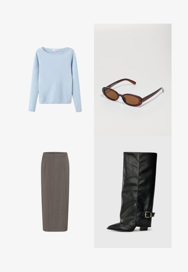 Pull en maille bleu clair à manches longues avec un large col rond, style simple, et côtes aux poignets et à l'ourlet.; Jupe crayon grise avec une silhouette droite, dotée de plis à l'avant, d'une taille et d'une texture lisse. Pas de fermetures ni de poches visibles.; Bottes noires en cuir longueur cheville avec un bout pointu, texture lisse et une accent en boucle argentée sur le côté. Talon carré épais.; Lunettes de soleil rondes teinte brun avec une monture bordeaux brillante. Branches fines avec un détail de marque subtil. Design de verres plats.; Sac à main plissé jaune en simili cuir lisse, arborant une forme douce avec une bandoulière unique et un design froncé sur le dessus.; Montre à quartz Casio avec un cadran rectangulaire argenté, des accents en or et un bracelet en métal bicolore argent et or. Fonction étanche.