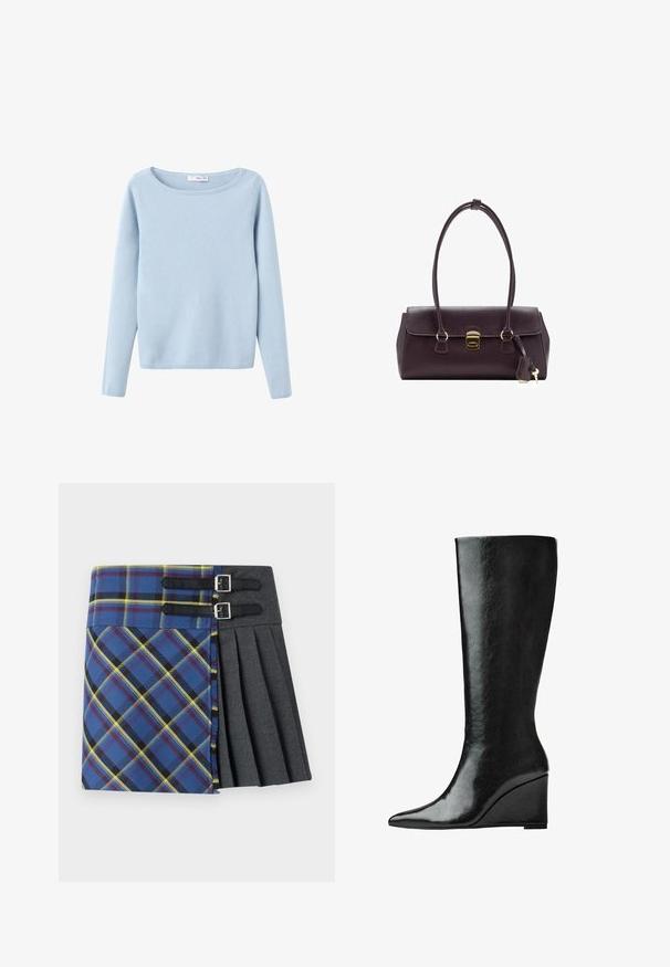 Hellblaues langärmliges Strickoberteil mit weitem Rundhalsausschnitt, schlichtem Stil und gerippten Bündchen und Saum.; Karierter Rock mit blauem, grünem und gelbem Plaid, mit einem gefältelten grauen Abschnitt, der von zwei schwarzen Riemen mit silbernen Schnallen gesichert wird.; Knöchelhohe schwarze Lederstiefel mit schlanker, spitzer Zehenform und Wedge-Absatz. Die Oberfläche ist glatt mit einem glänzenden Finish.; Burgunderrote Lederhandtasche mit strukturiertem Design, kurzen Griffen, einem goldenen rechteckigen Verschluss und einem abnehmbaren Quastenakzent.