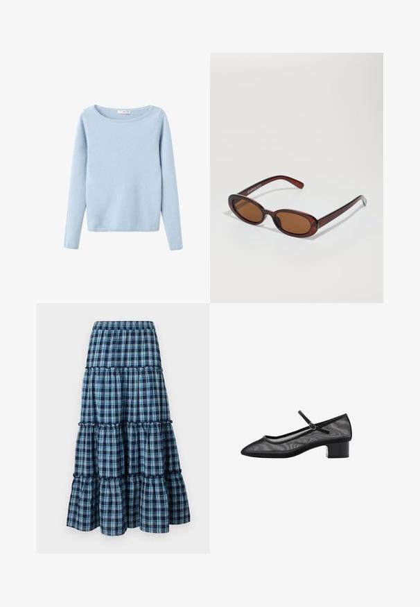 Vaaleansininen pitkähihaine neulepaita, jossa on leveä pyöreä kaula-aukko, yksinkertainen tyyli sekä joustavat hihansuut ja helma.; Sininen ja valkoinen ruudullinen kerroshelma, jossa on joustava vyötärö, ripsuttuneita kerroksia ja virtaava siluetti. Pehmeä puuvillamateriaali.; Musta verkkokenkä, jossa on terävä kärki, pieni tukikorko ja hihna yksityiskohtana nilkan ympäri. Ominaisuuksina sileä pinta ja minimalistinen muotoilu.; Pyöreät, ruskehtavat aurinkolasit, joissa on kiiltävä burgundinpunainen runko. Kapeat sivut, joissa on hienovarainen brändäys. Litteät linssit.; Keltainen pleidattu käsilaukku, joka on valmistettu sileästä keinonahasta. Laukussa on pehmeä muoto, yksittäinen olkahihna ja rypytetty yläosa.; Casio kvartsikellolla on suorakulmainen hopea-taulu, jossa on kultaisia yksityiskohtia, sekä kaksivärinen metalliranneke, joka on hopea- ja kultasävyinen. Vesi- ja kosteudenkestävä ominaisuus.