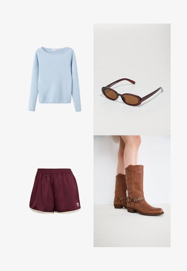 Světle modrý pletený svetr s dlouhým rukávem a širokým kulatým výstřihem, jednoduchý styl a žebrované manžety a lem.; adidas Originals SPRINTER - Šortky - maroon cream white; Hnědé kožené kotníkové boty s mírně špičatou špičkou, ozdobnými přezkami a nízkým zúženým podpatkem. Hladká textura s matným povrchem.; Kulaté sluneční brýle hnědé barvy s lesklým burgundským rámem. Úzké nožičky s jemným logem. Rovné čočky.; Žlutá skládací kabelka vyrobená z hladké umělé kůže, s jemným tvarem, jedním ramenním popruhem a designem s nařaseným vrškem.; Casio kvartzové hodinky s obdélníkovým stříbrným ciferníkem, zlatými akcenty a dvoubarevným kovovým náramkem ve stříbrné a zlaté barvě. Voděodolné.
